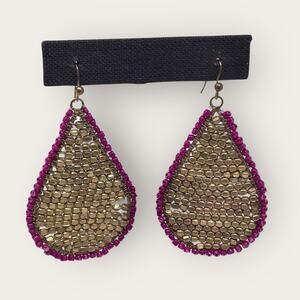 Hand Made Boho Gold Brass and Pink Beaded Teardrop Earrings